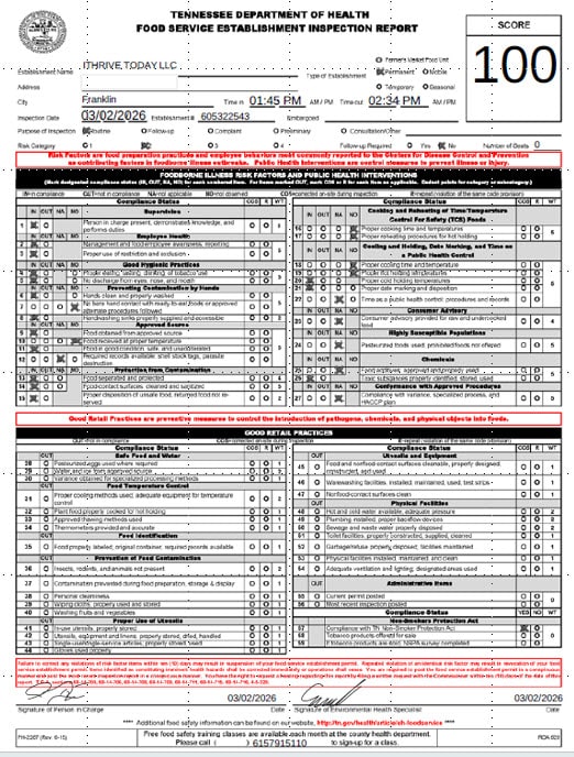 Tennessee Department of Health food service inspection report for iThrive Today LLC, dated 03/02/2026, score 100