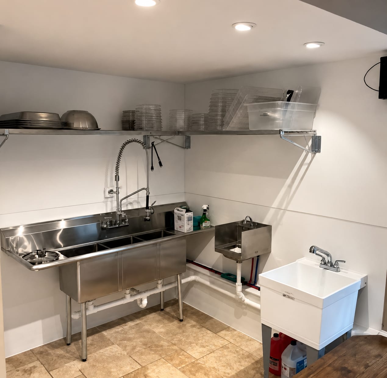 Three-compartment sink and wash station